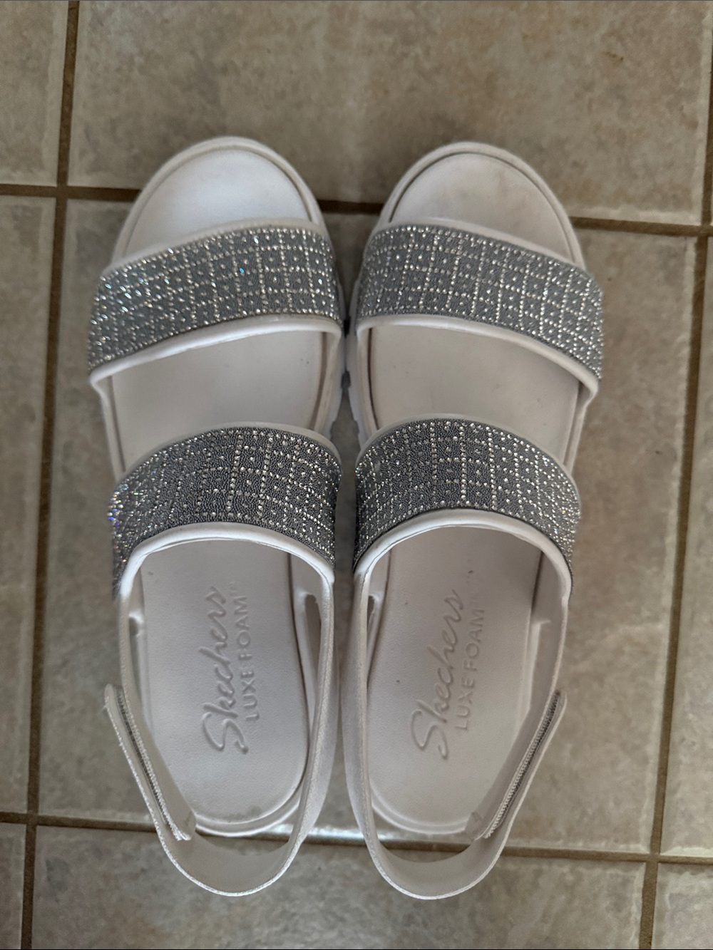 Skechers White Sparkle Double-Strap Slingback Sandals